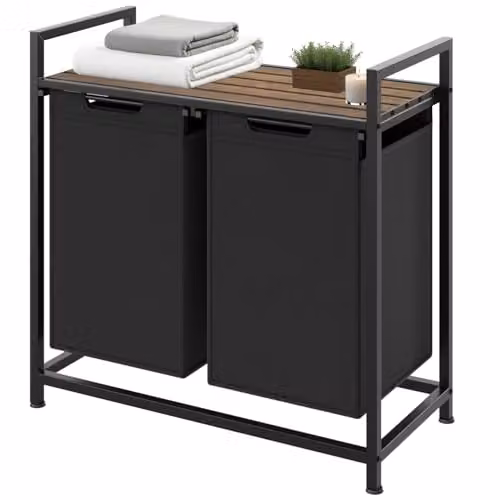 tectake Dual Laundry Basket with 2 x 46L Capacity, Water- and Smell-Resistant Fabric, Pull-Out Baskets with Steel Frame and Wooden Look Top Shelf, Black/Brown – 1
