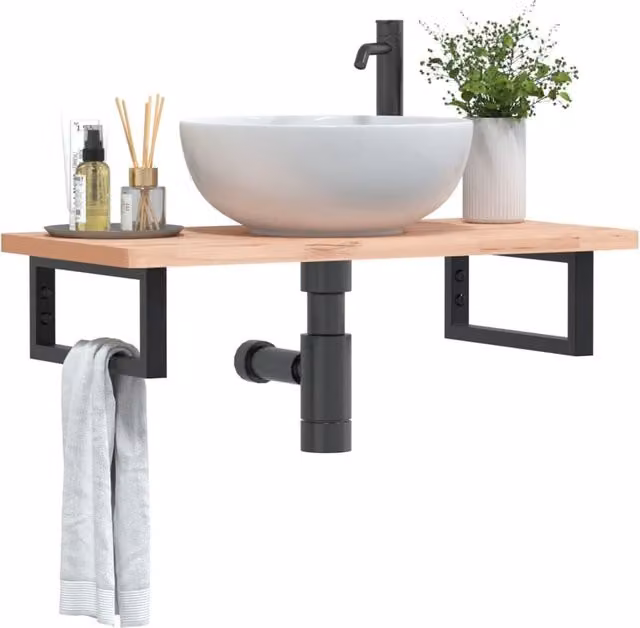 Berkfield Home Wall Mounted Basin Shelf in Brown Steel and Solid Beech Wood