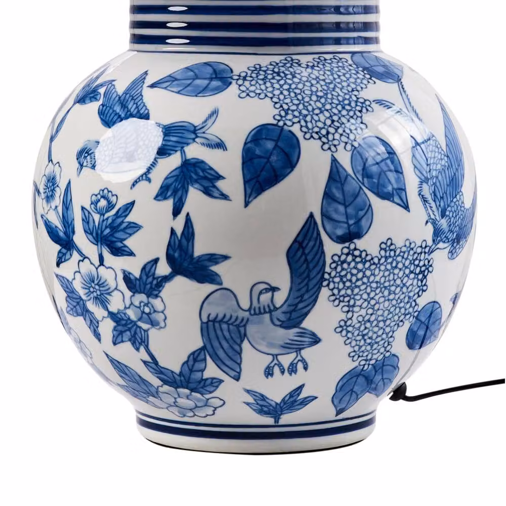 Wyld and Coco Porcelain Table Lamp with White and Blue Floral Ceramic Base and White Fabric Shade – 3