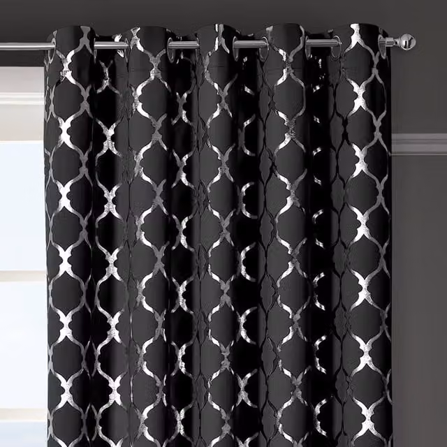 Velosso Arabesque Blackout Eyelet Curtains in Black, Width: 116 cm, Drop: 137 cm – 1