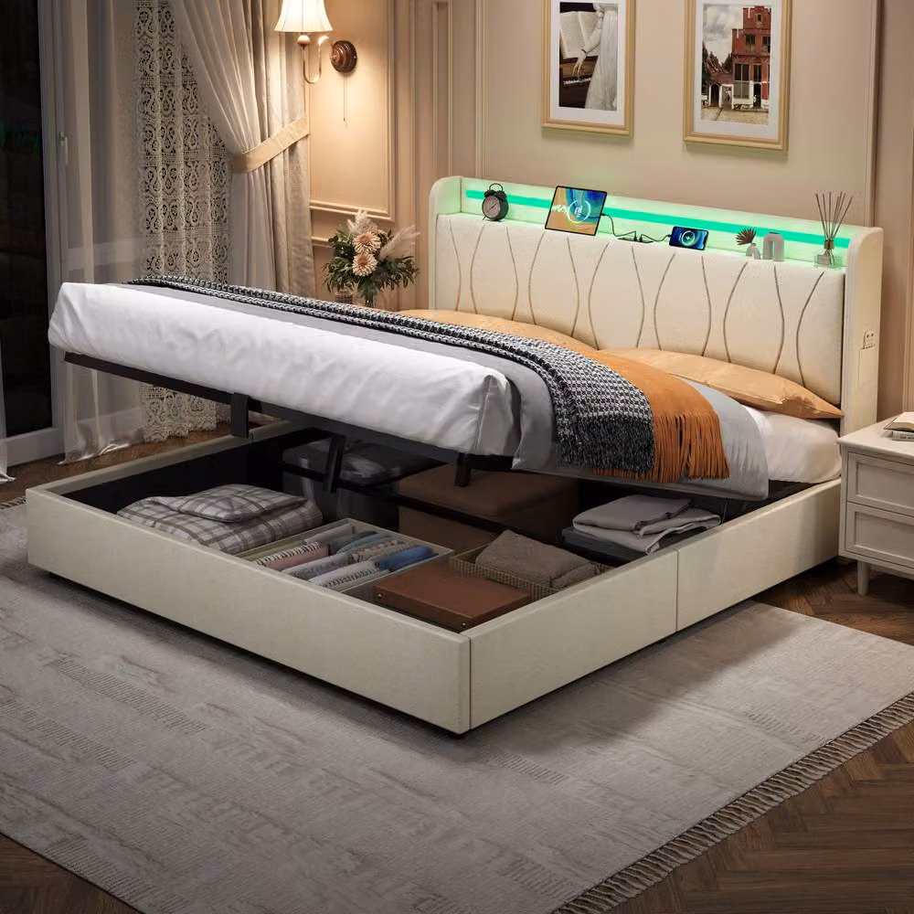 Matteo King Beige Upholstered Bed Frame with Hydraulic Storage, Smart LED Lighting and USB Charging Port, W/D/H: 180 x 200 cm – 3