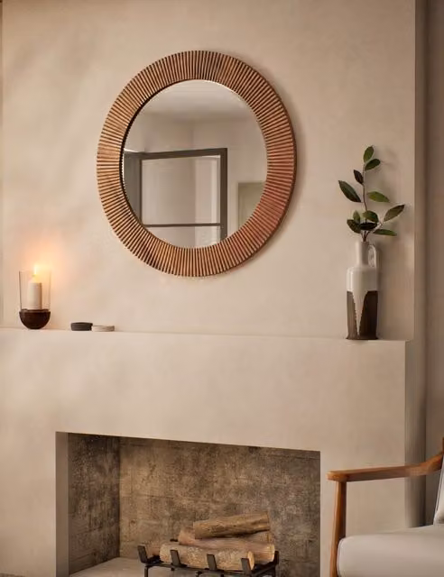 M&S Fredrick Minimalist Round Wooden Wall Mirror in Brown Oak