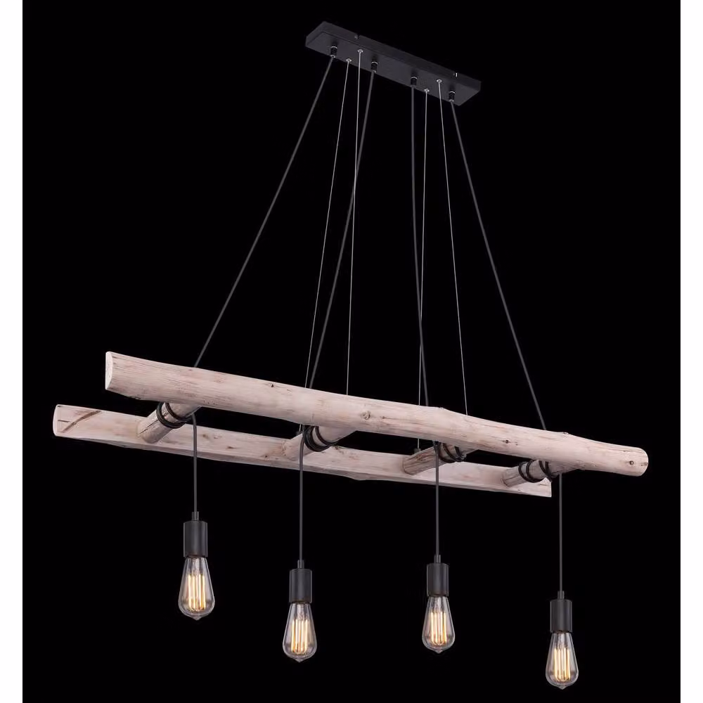 Globo Lighting 4-Bulb Industrial Bar Pendant Light in Black and Wood, Width: 115 cm – 3