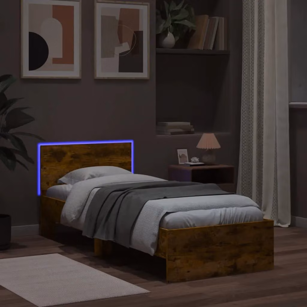 Berkfield Home Modern Bed Frame in Smoked Oak Brown with LED Under-Bed Lighting and USB Charging Port, W/D/H: 90 x 200 cm – 4