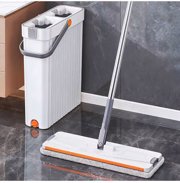 Living and Home Flat Mop and Bucket Set with Wringer and Microfibre Scraper Head in White