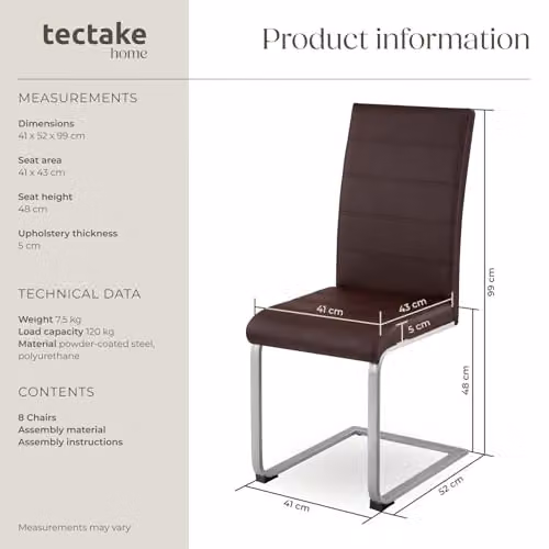 tectake Set of 8 Bettina Dining Chairs in Brown with Synthetic Leather and Metal Cantilever Base – 3