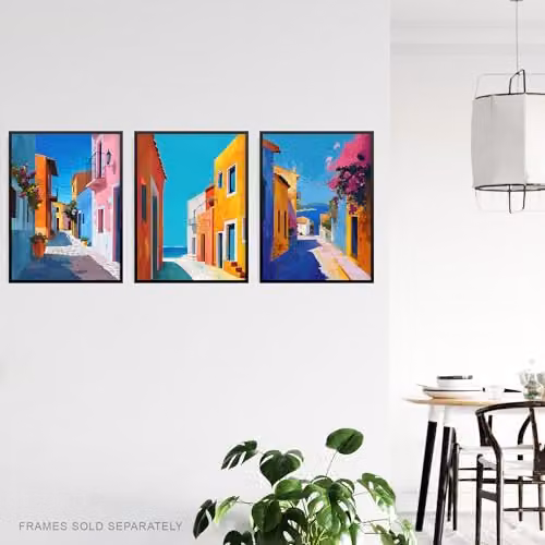 Artery8 Set of 3 Multicolour Greek Coastal Street Wall Art Paper Prints, W: 21.0 cm, H: 29.7 cm – 2