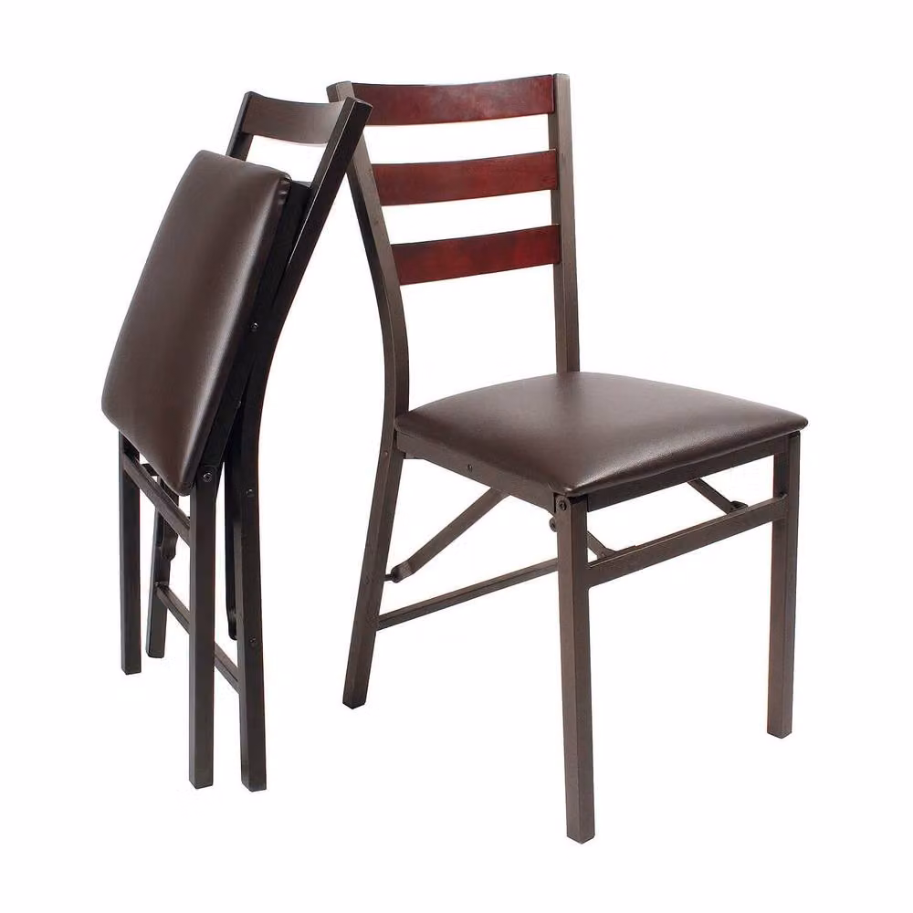 Coopers of Stortford Pair of Folding Dining Chairs with Brown Faux Leather Padded Seats – 2
