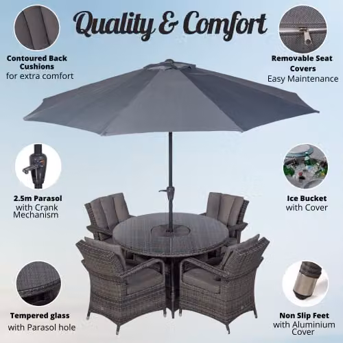 Thats Furniture Giardino Arizona 4 Seater Rattan Garden Dining Set with Ice Bucket Cooler in Grey and Brown, Diameter: 120 cm – 2
