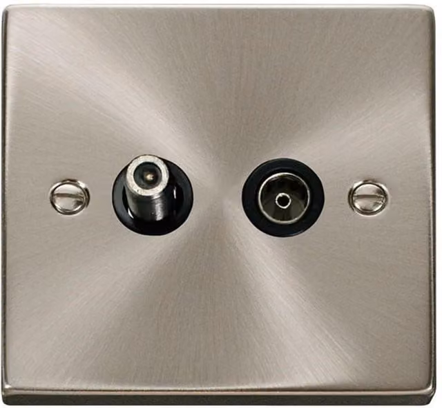 SE Home 1 Gang Satellite and Coaxial Flush Socket in Metallic Silver with Brushed Chrome Satin Finish
