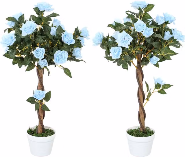 Outsunny Set of 2 Artificial White Rose Floral Plants in Light Blue Pots, Height: 90 cm