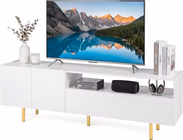 Costway Modern White Glossy Media Console Table with Metal Legs