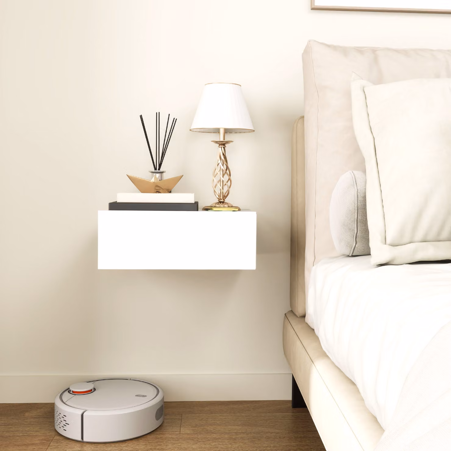 HOMCOM Set of 2 White Wall-Mounted Floating Bedside Tables with Storage Drawer – 3