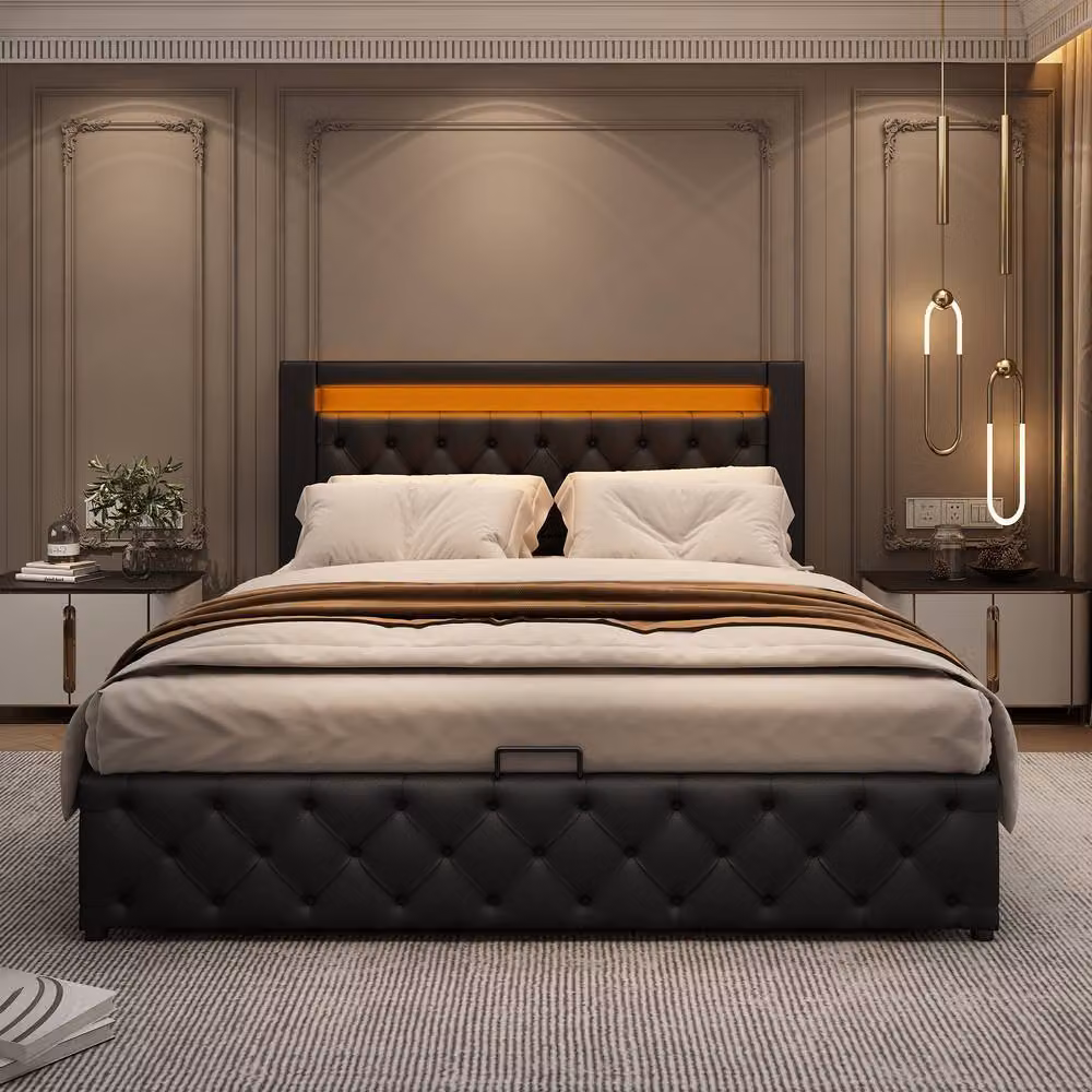 ModernLuxe Upholstered Double Ottoman Bed with LED Under-Bed Lighting and Storage in Black – 2