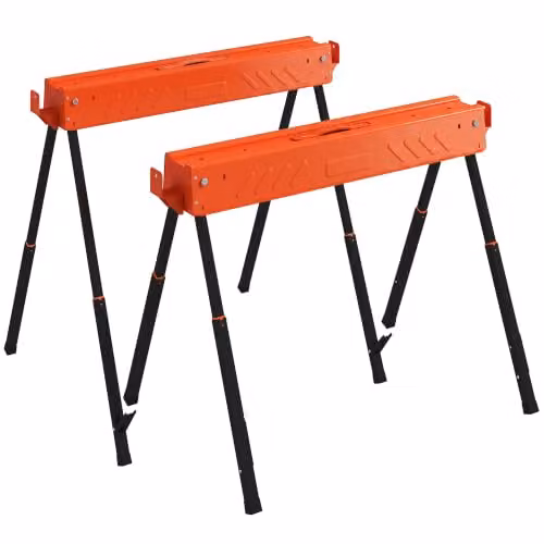 HOMCOM Twin Pack of Orange Metal Saw Horses with Height Adjustable Legs, 500 kg Capacity – 1