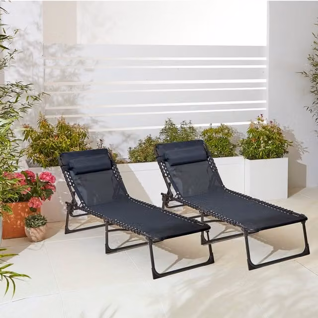 Neo Pair of Lightweight Black Textilene Sun Loungers with Adjustable Headrests and Powder Coated Steel Frames