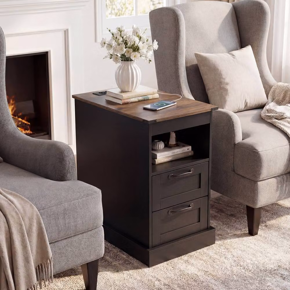 Costway Farmhouse Nightstand with Station Bedside End Table in Black – 3