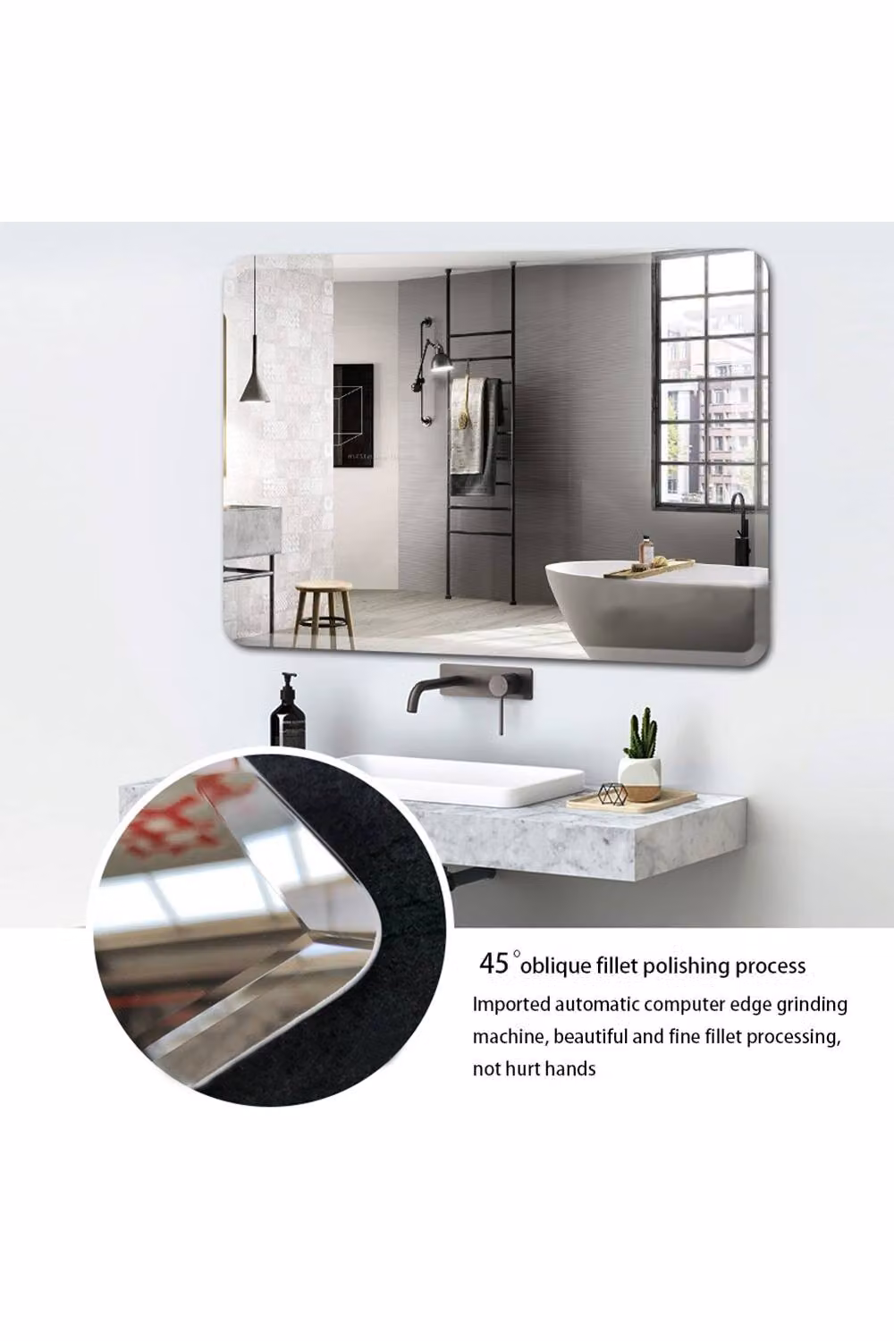 Living and Home Modern Beveled Edge Frameless Rounded Rectangle Wall Mirror in Silver