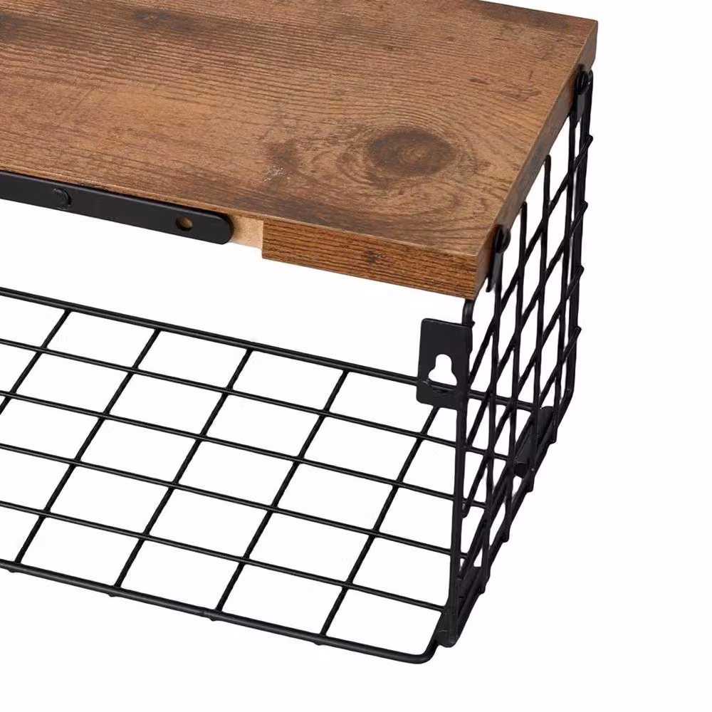 Kelvenix Brown Industrial Wall Mounted Floating Storage Shelves with 3 Shelves and 1 Basket – 3