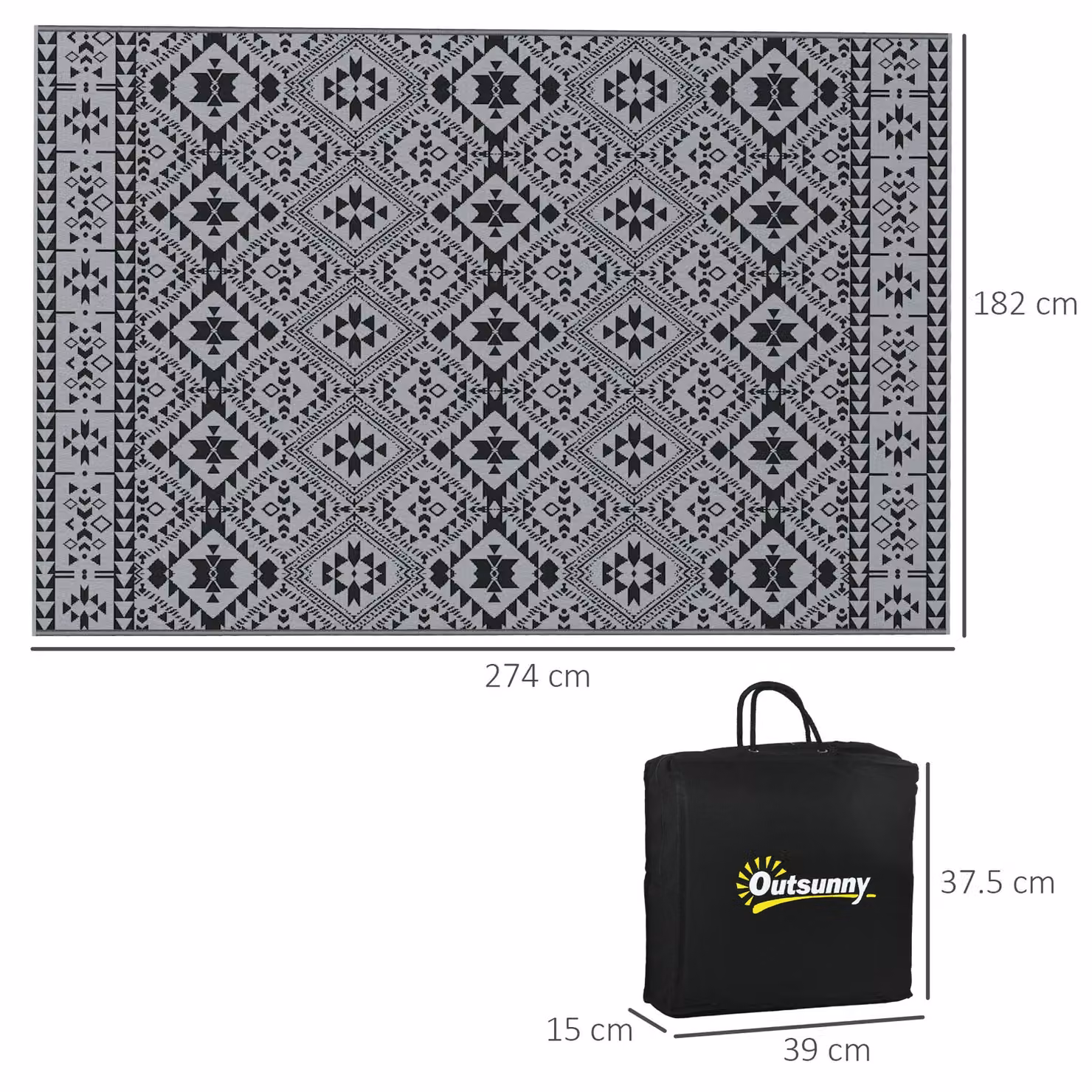 OUTSUNNY Reversible Waterproof Outdoor Garden Rug in Black, W: 182 cm, D: 274 cm – 3