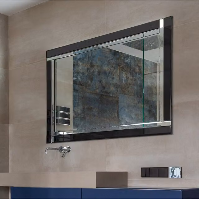 MirrorOutlet Calder Black Glass Venetian Mirror, Black, W: 120 cm, H: 80 cm