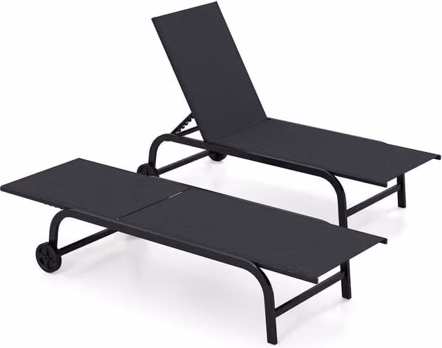 Costway Set of 2 Black Chaise Lounge Chairs with Wheels and 6-Position Reclining Function