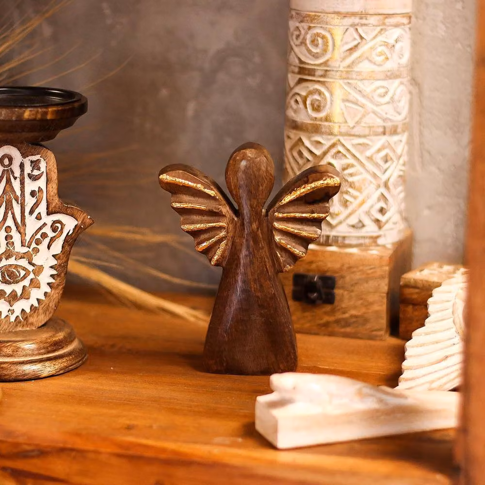 Serenityy Hand-Carved Mango Wood Angel with Gold Wings in Brown, Height: 16 cm – 2