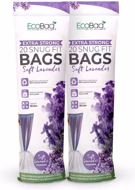 EcoBag Lavender Scented Kitchen Drawstring Bin Liners, White and Purple, 30L – 1