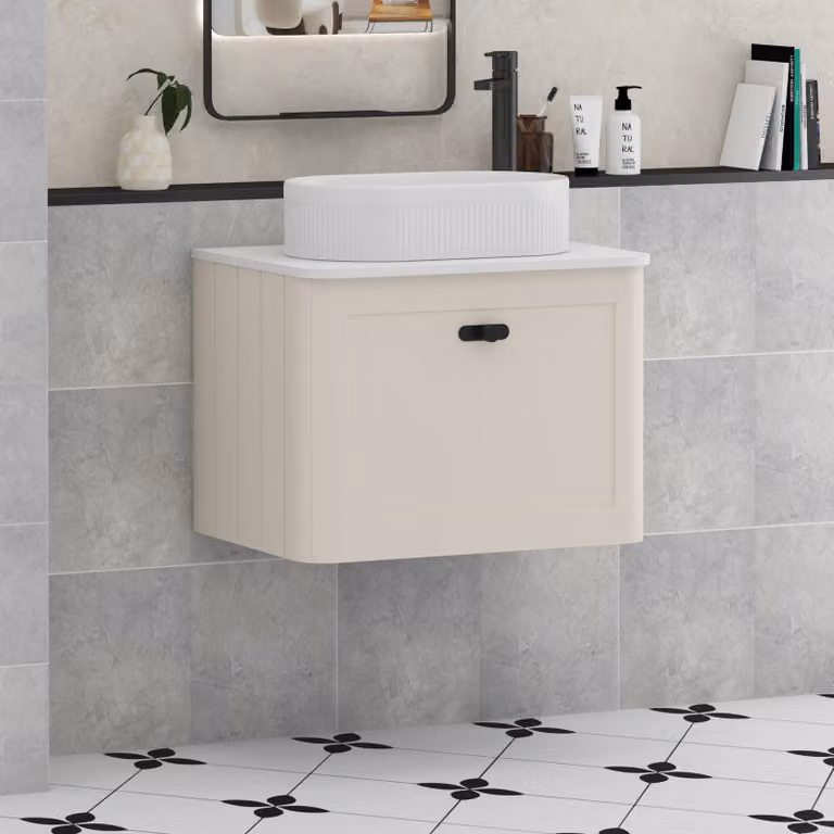 Royal Bathrooms Henley Wall Hung Vanity Unit in Mushroom Cashmere with 600mm Plain White Worktop, Lyon Basin and Matt Black Knob