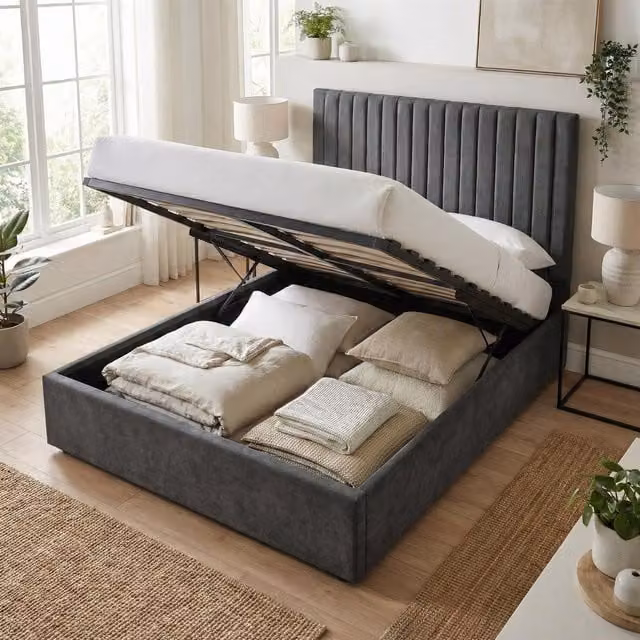 FWStyle Sollom Nickel Ottoman Lift Up Upholstered Ribbed Bed Frame, Grey/Silver, 180 x 200 cm