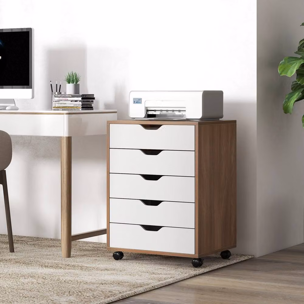 Costway 5 Drawer Rolling Storage Cabinet Mobile Wooden Chest of Drawers in Natural – 4