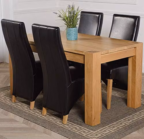 Thats Furniture Kuba Oak Dining Table and 4 Lola Black Leather Chairs Set, W: 150 cm, D: 85 cm, H: 78 cm – 1