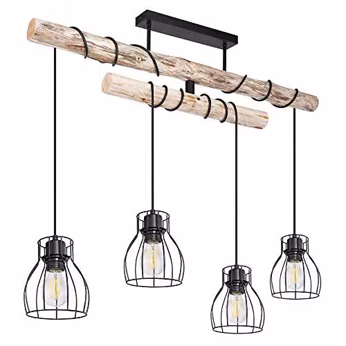 Netlighting Mina Bar Pendant Ceiling Light in Black and Wood with 4x E27 Sockets
