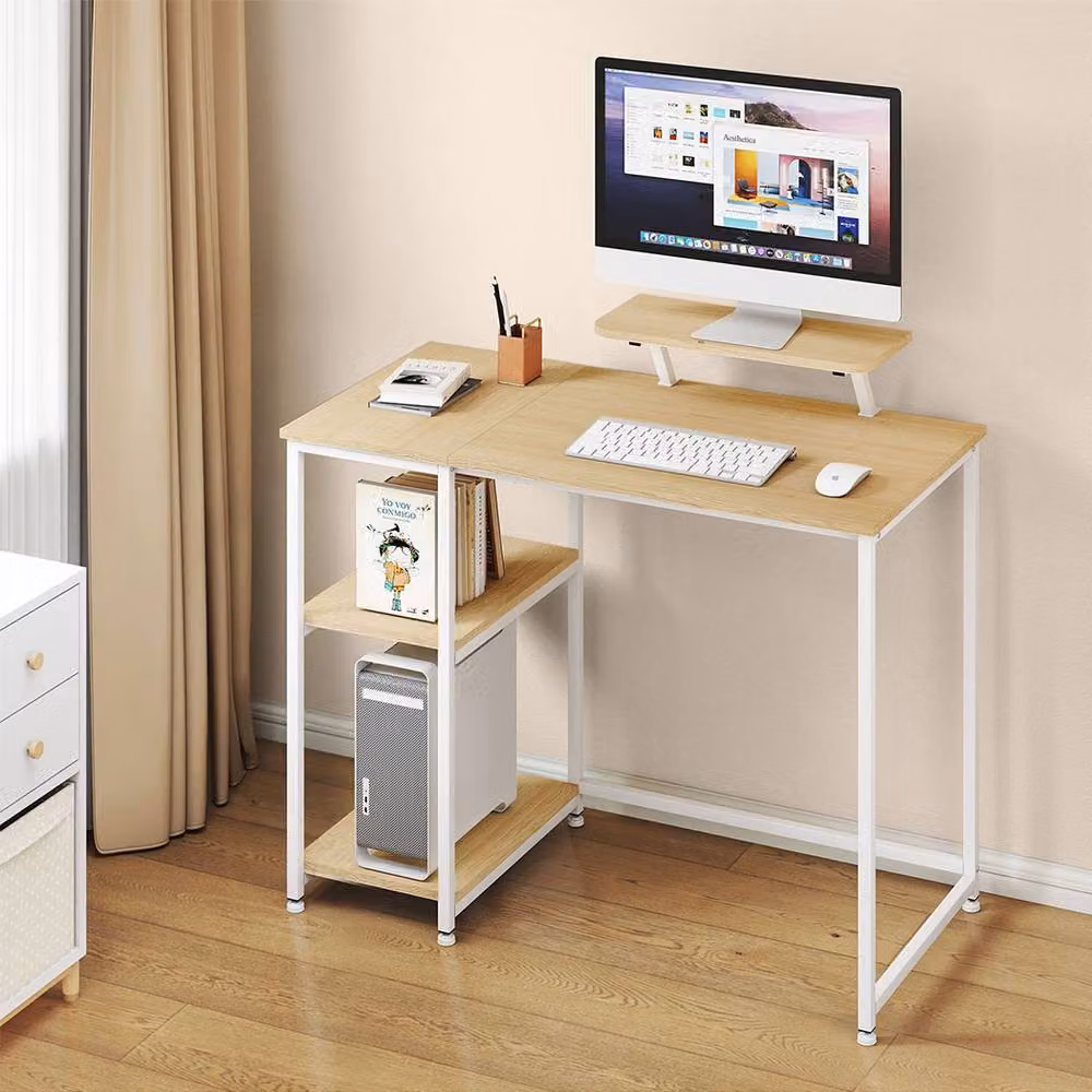 Levede Modern Computer Desk with Monitor Stand and Storage Shelves, Oak and White, W/D/H: 100 x 50 x 76 cm – 3