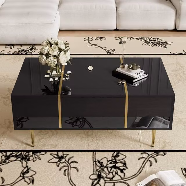 Merax High-Gloss Coffee Table with 2 Drawers in Black, W: 60.0 cm, D: 41.5 cm, H: 60.0 cm – 1
