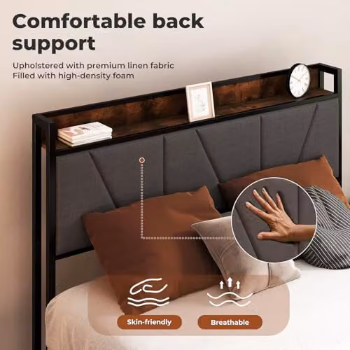 Levede Rustic Brown Upholstered Bed Frame with Side Compartments and Bedside Shelf, W/D/H: 140 x 200 cm – 3