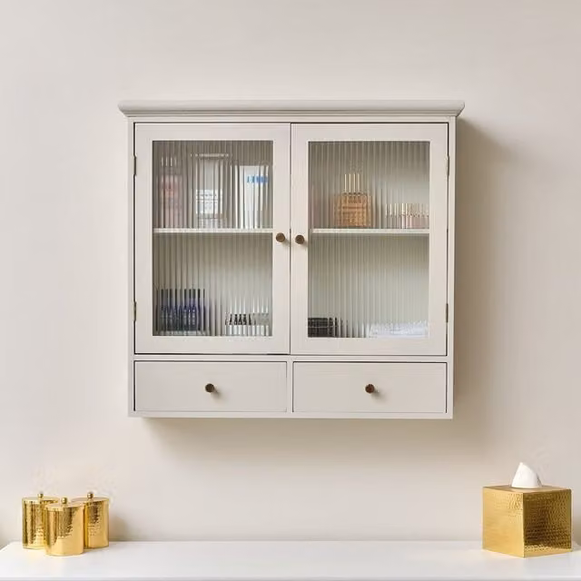 Melody Maison Modern Wall Mounted Cabinet with Reeded Glass Doors and Drawers in Grey and Beige