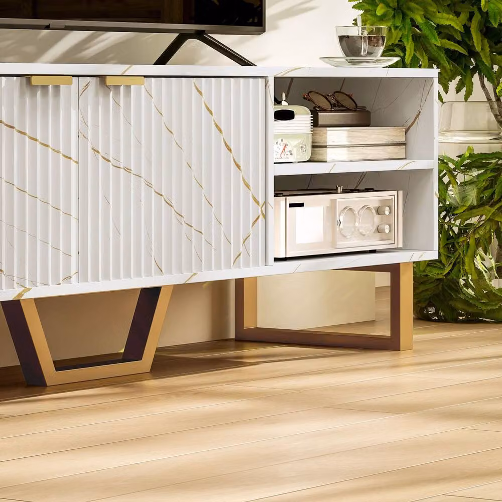 Wyld Haus Veriri TV Unit in White and Gold with Fluted Doors, Width: 140 cm – 8