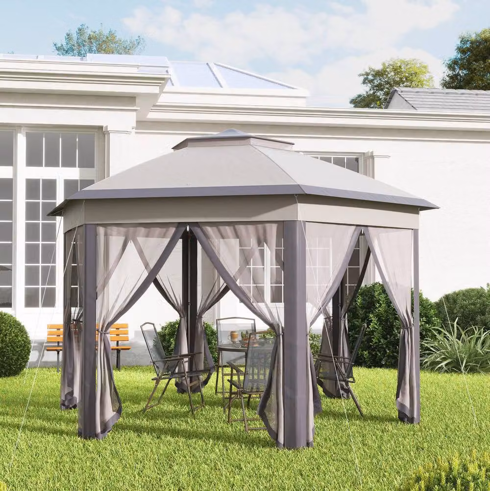 STILVORA Hexagon Gazebo with Mesh Curtains in Beige, W/D/H: 400 x 340 x 285 cm – 2