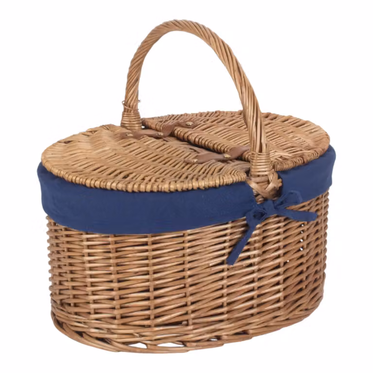 Red Hamper Wicker Oval Picnic Basket with Blue Cotton Lining and Loose Lid