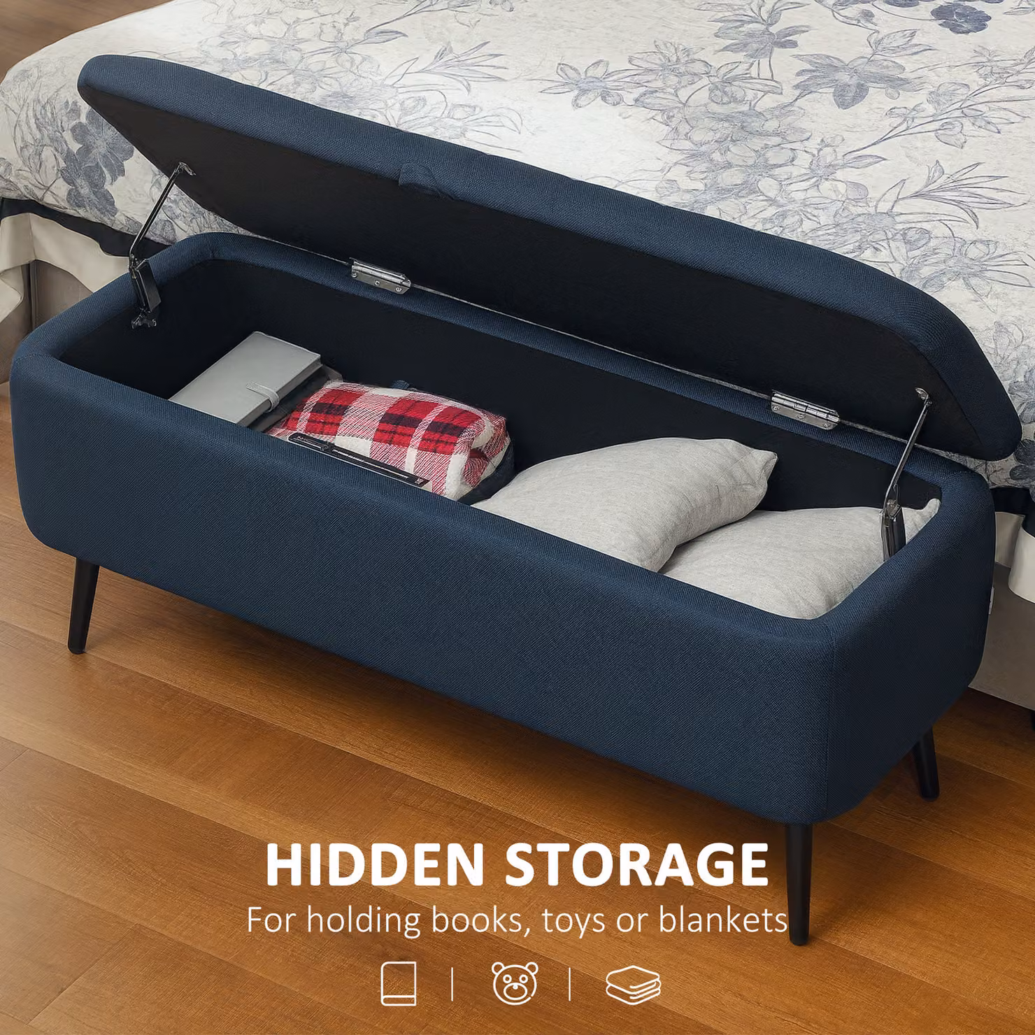 HOMCOM Blue Linen-Look Rectangular Storage Ottoman W: 92 cm, D: 31 cm, H: 31 cm – 4