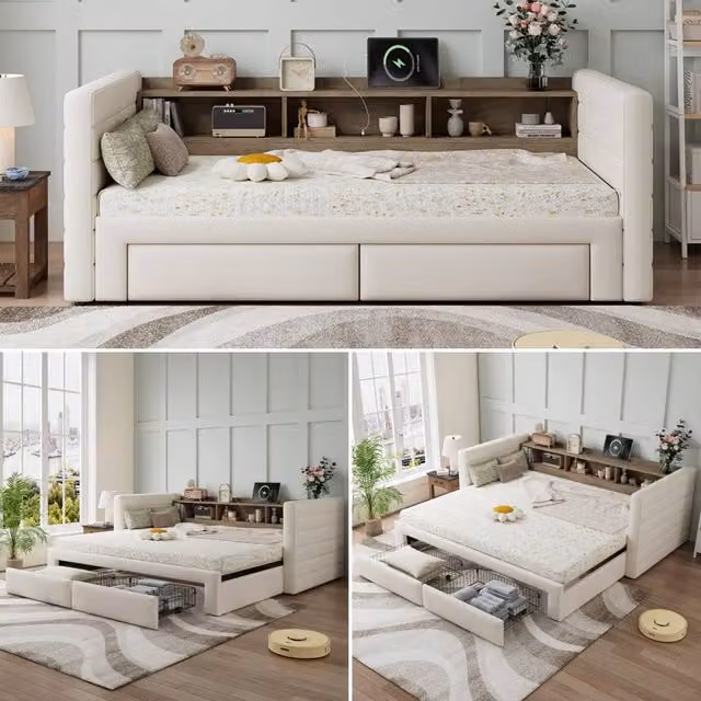 Merax 3ft Single Upholstered Daybed with Pull-Out Trundle and Storage Drawers in Beige, W/D/H: 90 x 190 x 77 cm – 1