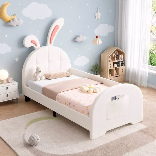 STILVORA 3ft Single Junior Bed Frame with Storage and Rabbit Design in White – 1