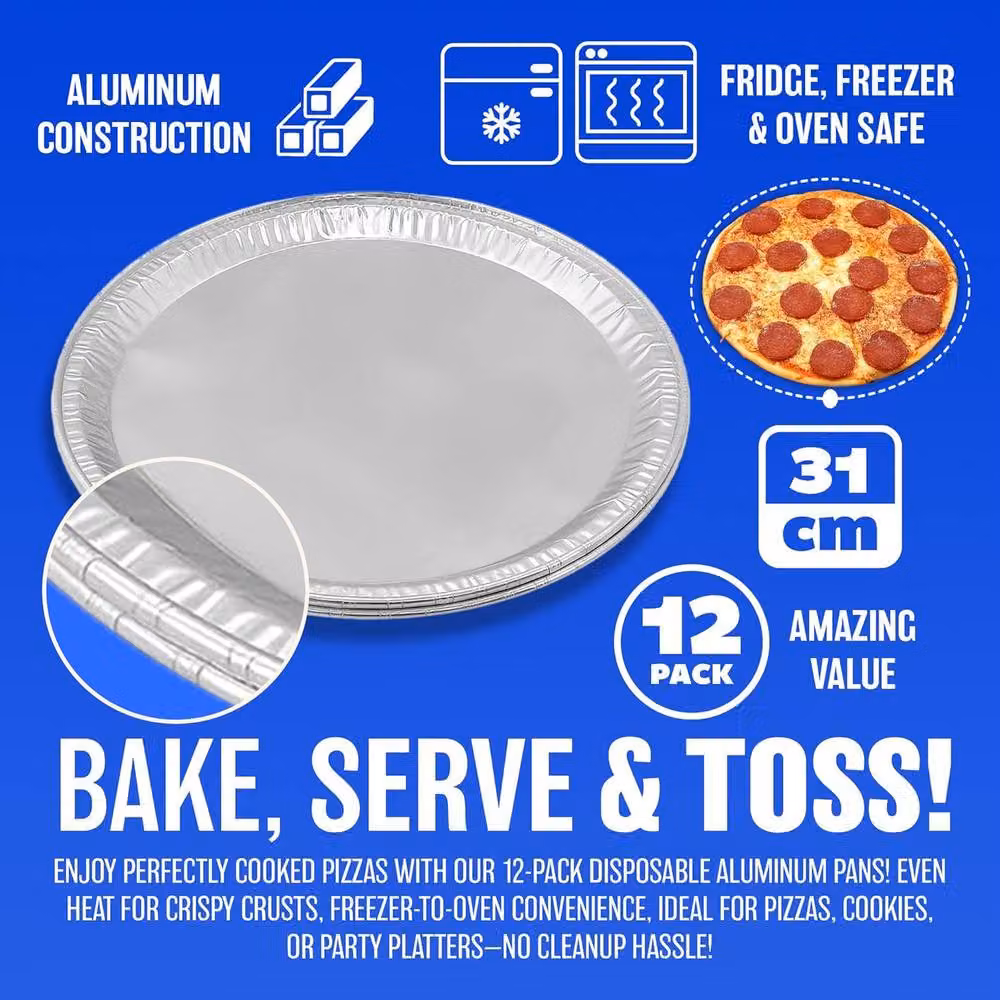 BARGAINS-GALORE Set of 12 Silver Disposable Aluminium Foil Pizza Trays, Large Round Plates – 3