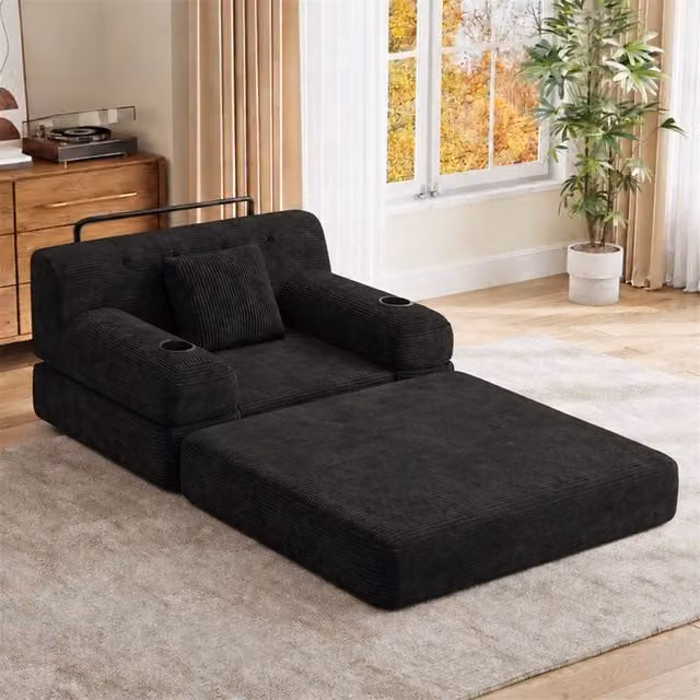 Direct Wicker Black Corduroy 1-Seater Sleeper Sofa Chair with Armrests – 1