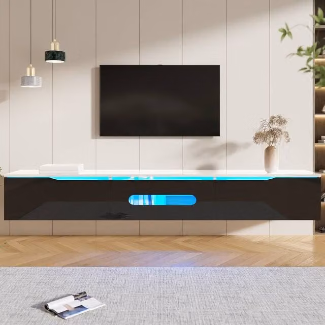 Rolipo Modern Black and White High Gloss Wall Mounted TV Cabinet with Integrated Lighting