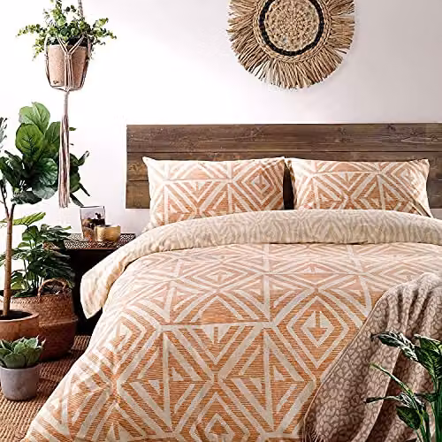 furn. Tanza Global Geometric Reversible Duvet Cover Set in Terracotta, Single (90 x 200 cm) – 2