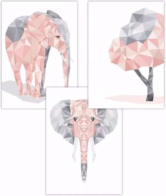ARTZE Set of 3 Geometric Elephant Art Posters in Pink and Grey, W: 42 cm, H: 59 cm