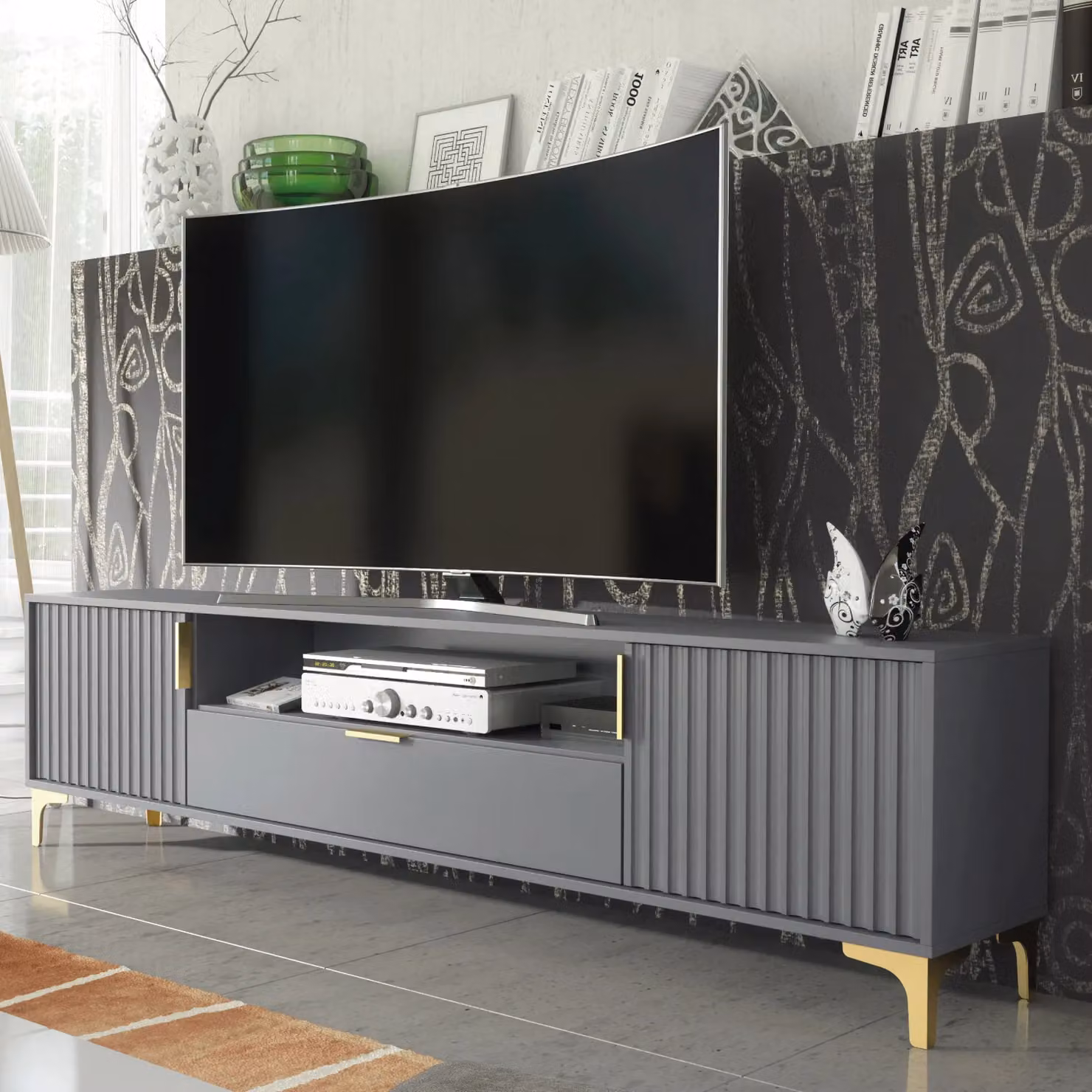 Creative Furniture Tide Crest Modern Fluted TV Unit in Gold, Grey or White, W: 200 cm, D: 35 cm, H: 50 cm – 3