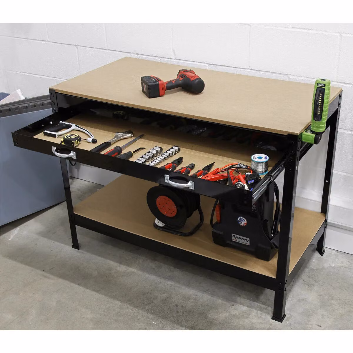 Loops Heavy Duty Steel Frame and Wood Work Top Workbench with Drawer and Shelf in Multicolour Black, W: 120 cm, D: 60.5 cm, H: 121 cm – 3